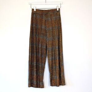 Zara Palazzo Pants Brown Plaid Wide-Leg Cropped Womens Small